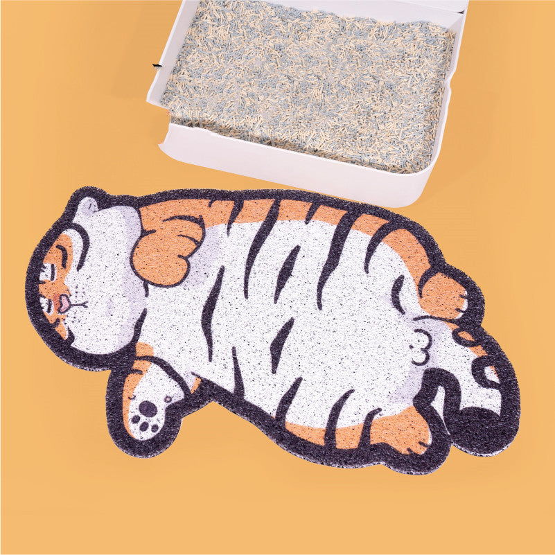 Close-up of fat tiger design PVC litter mat with litter box on orange background