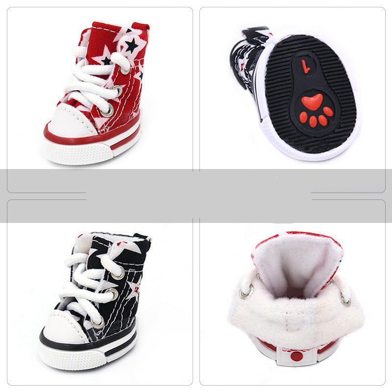 Collage showing red star print dog shoe front, black star print shoe front and sole with red paw print