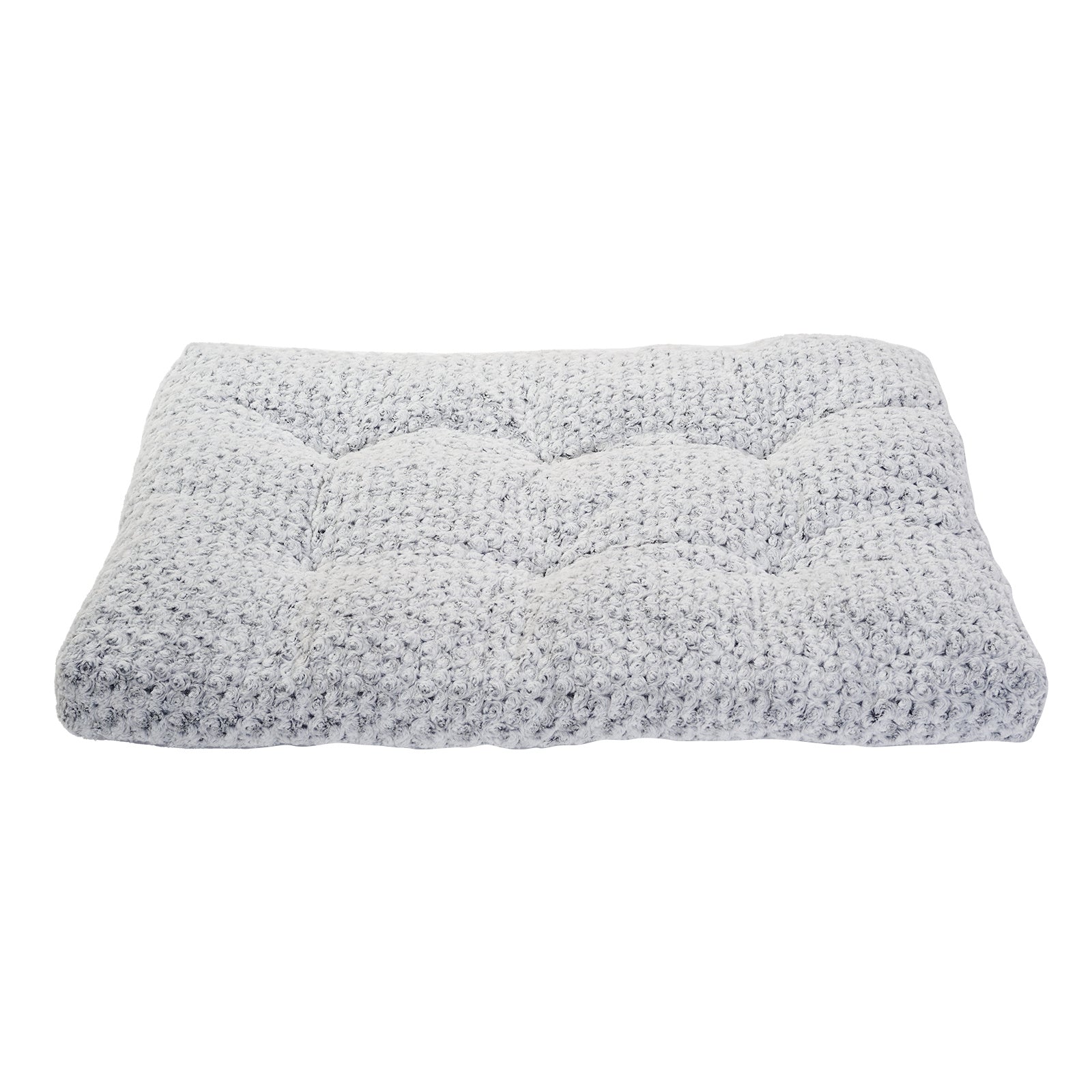 Close-up of the thick, soft light gray rose velvet dog bed showing textured plush fabric and thick cushioning