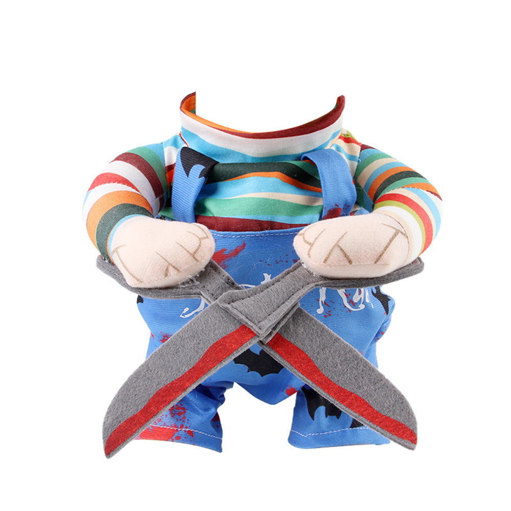 Front view of blue pet costume featuring three-dimensional plush arms with crossed scissors on white background