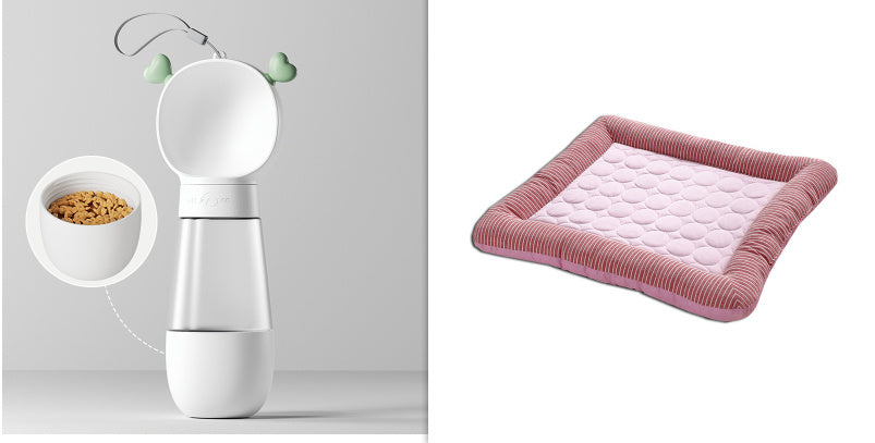 Pink cooling pet bed mat with white quilted center and striped cushions shown with white and silver pet feeder.