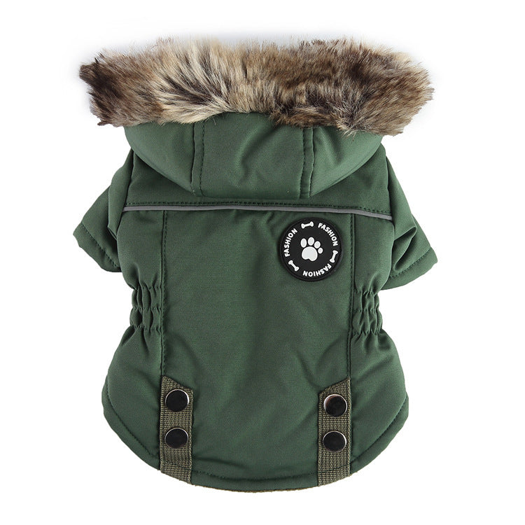 Green insulated dog vest with faux fur hood and elastic gathered sides showing back view