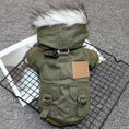 Cargar la imagen en la vista de la galería, Back view of an olive green winter dog coat with faux fur-trimmed hood and decorative buckle pockets
