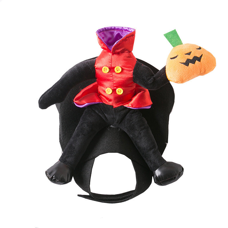 Flat lay of headless man dog costume showing plush figure with pumpkin on white background