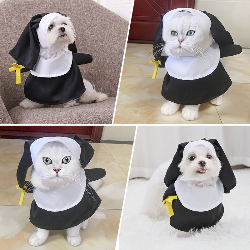 Collage of small dogs and cats wearing the black and white pet nun costume in different poses
