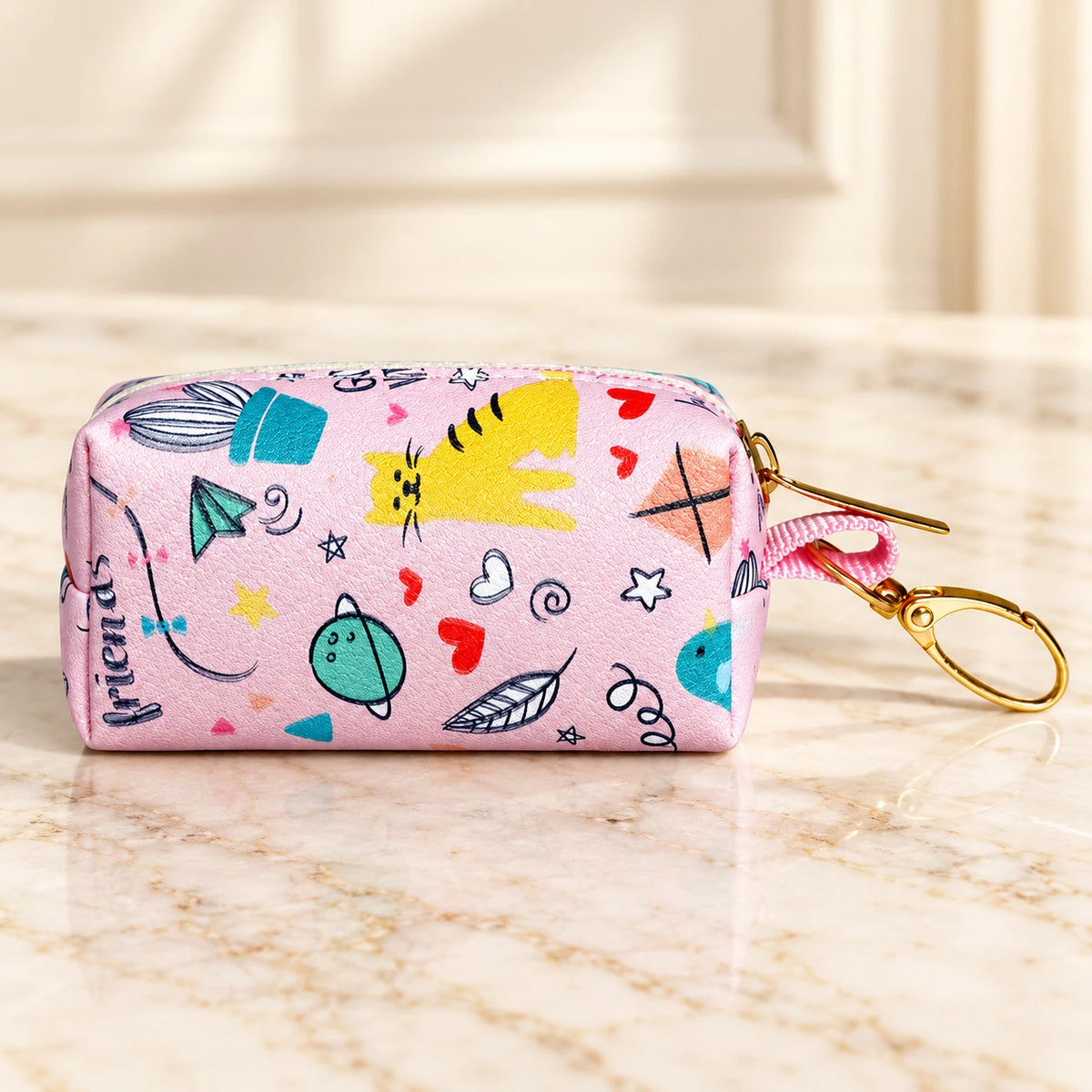 Pink Forest Pouch with colourful animal illustrations and gold-tone clip