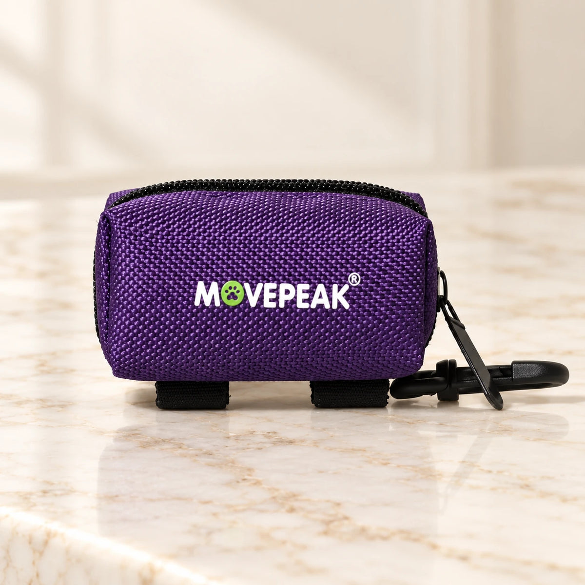 Purple zip waste-bag pouch with MOVEPEAK label and black clip