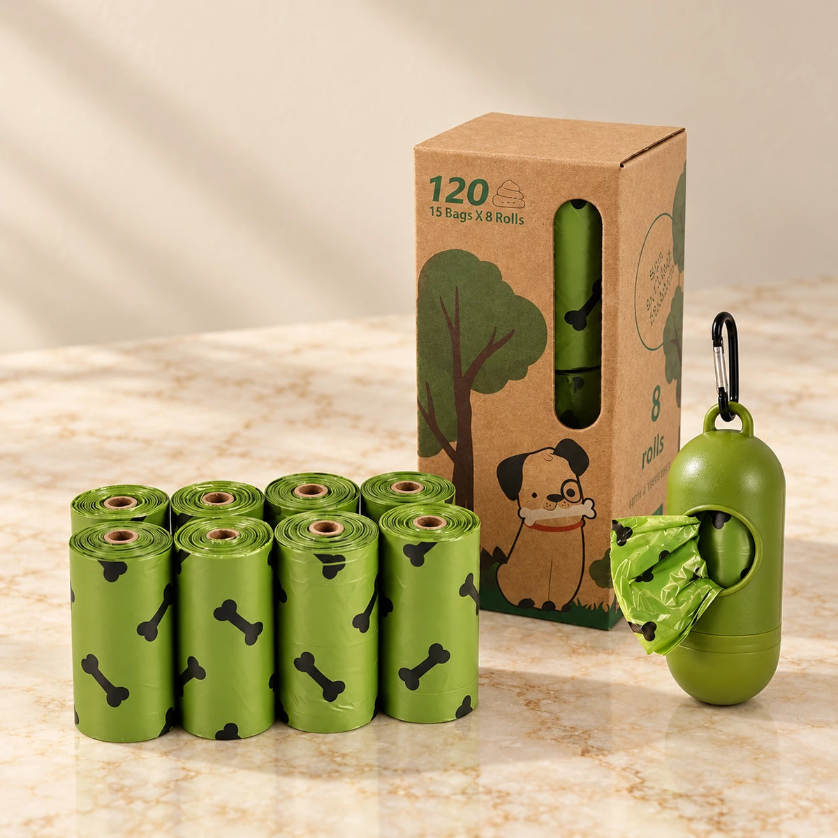 Eight-roll 120-bag pack with one olive dispenser and kraft box