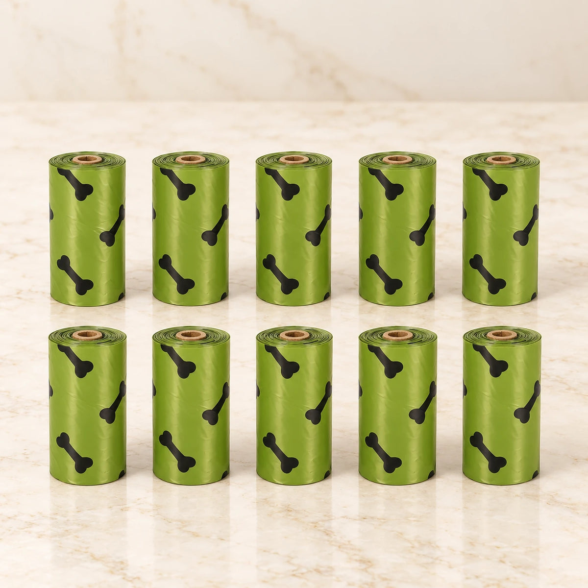 Ten olive-green black-bone-print waste-bag refill rolls arranged in two rows of five