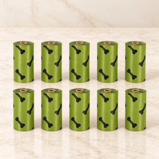 Ten olive-green black-bone-print waste-bag refill rolls arranged in two rows of five