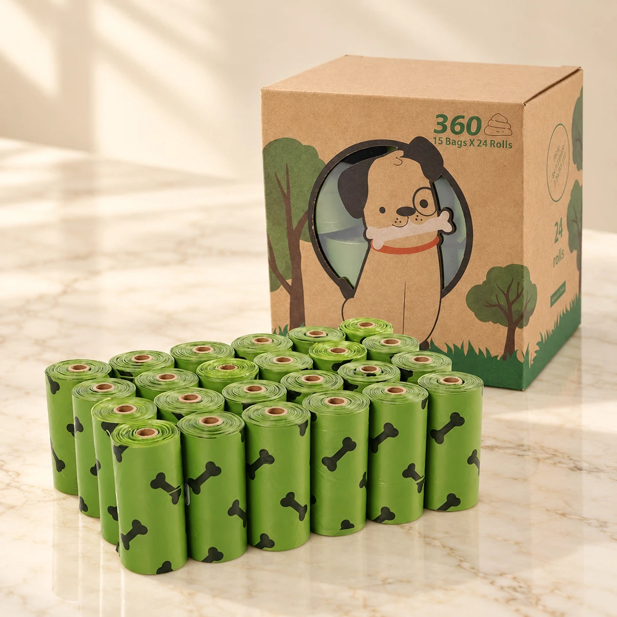 360-bag twenty-four-roll pack with its original kraft dog-print box