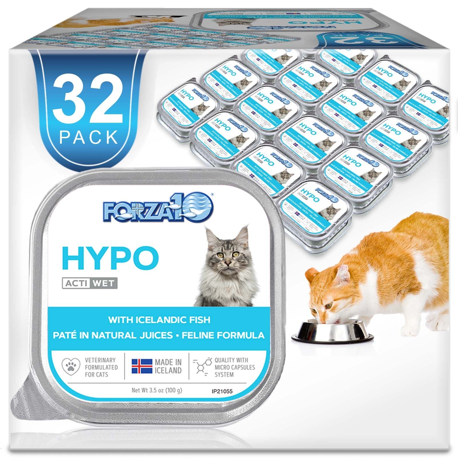 Forza10 Hypoallergenic cat food 32-pack with Icelandic fish paté in natural juices, featuring product label and orange-white cat eating from bowl