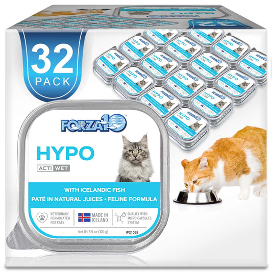 Forza10 Hypoallergenic cat food 32-pack with Icelandic fish paté in natural juices, featuring product label and orange-white cat eating from bowl