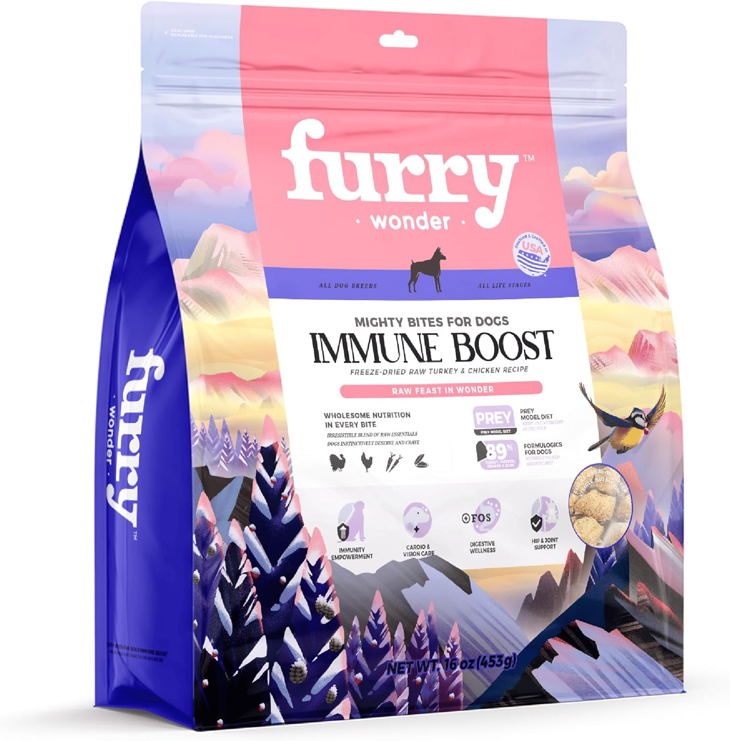 Furry Wonder Immune Boost freeze-dried dog food turkey and chicken recipe bag with illustrated nature design and key benefits icons