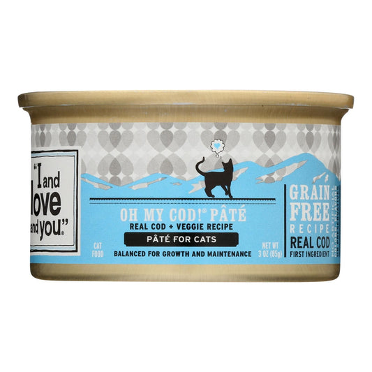 3 oz can of I And Love And You Oh My Cod Pâté cat food with blue and gray label featuring a black cat silhouette and cod fish illustrations
