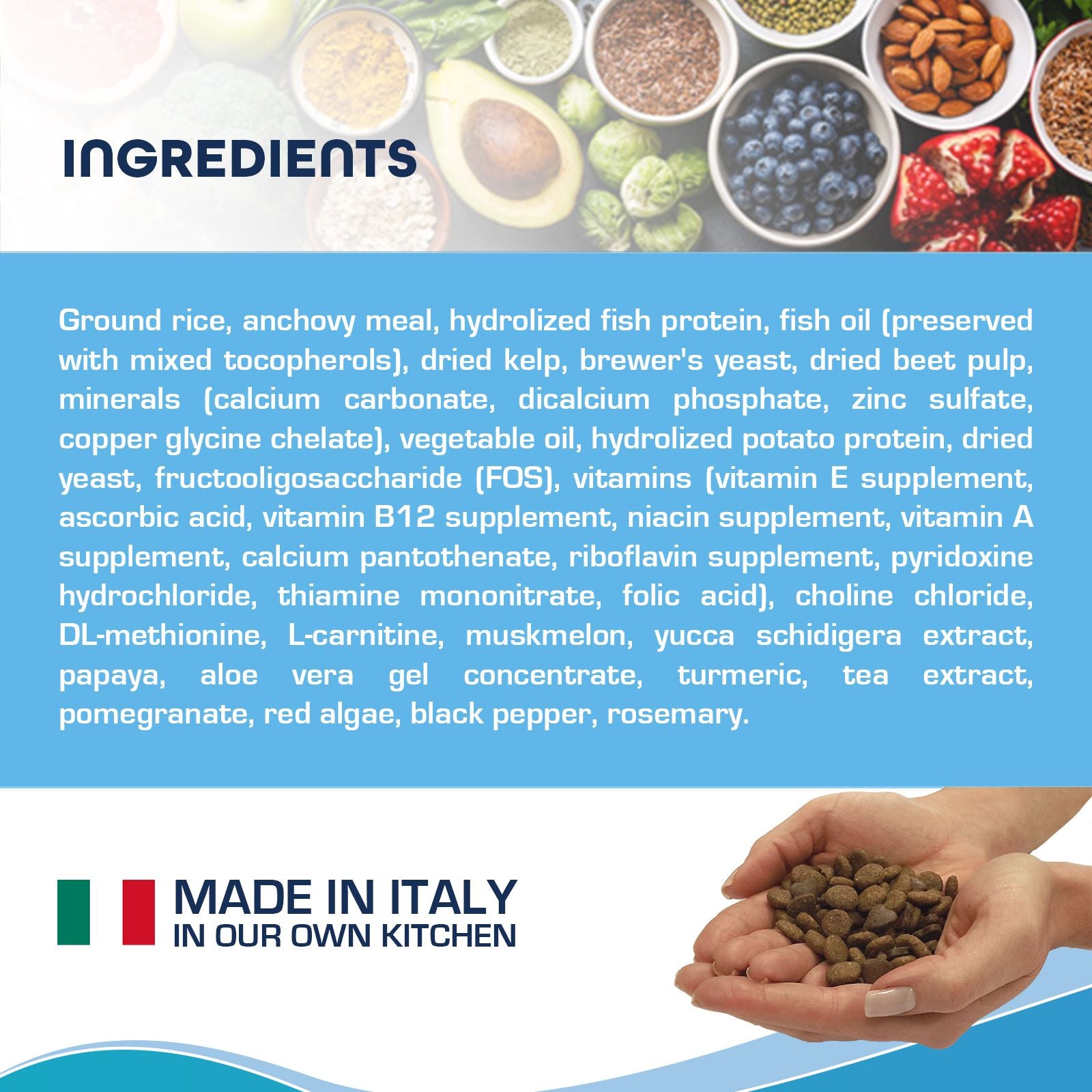 Closeup of ingredients list and ‘Made in Italy’ claim with hands holding dog food kibbles.