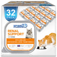Cargar la imagen en la vista de la galería, 32 pack of Forza10 renal support wet cat food with lamb lung in individual trays next to an orange and white cat eating from a bowl
