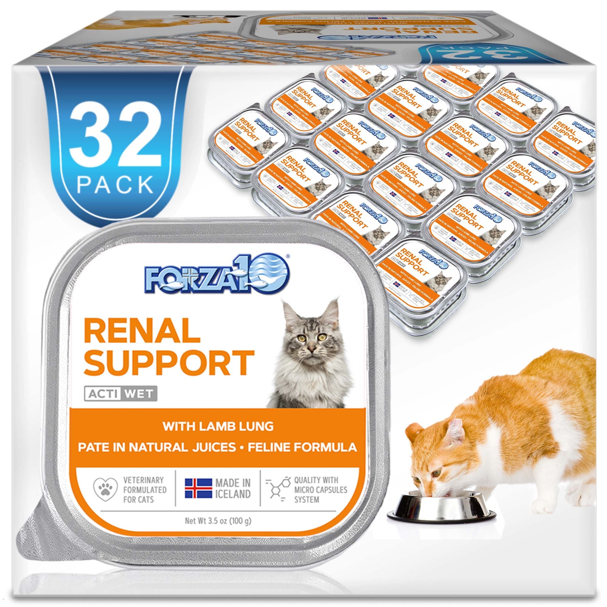 32 pack of Forza10 renal support wet cat food with lamb lung in individual trays next to an orange and white cat eating from a bowl