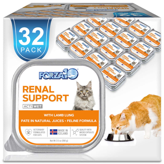 32 pack of Forza10 renal support wet cat food with lamb lung in individual trays next to an orange and white cat eating from a bowl