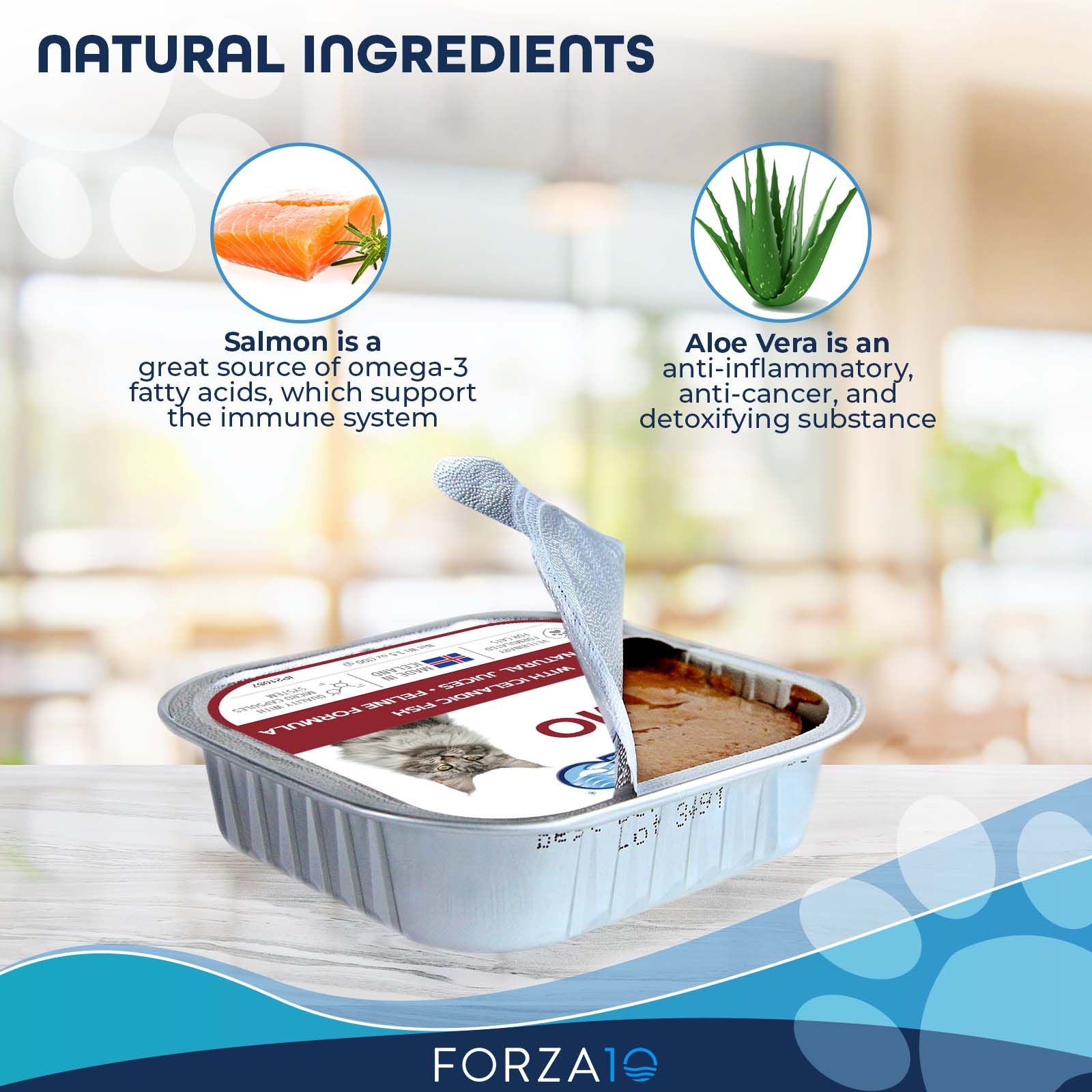 Opened container of Forza10 Dermo cat food with icons highlighting salmon and aloe vera benefits