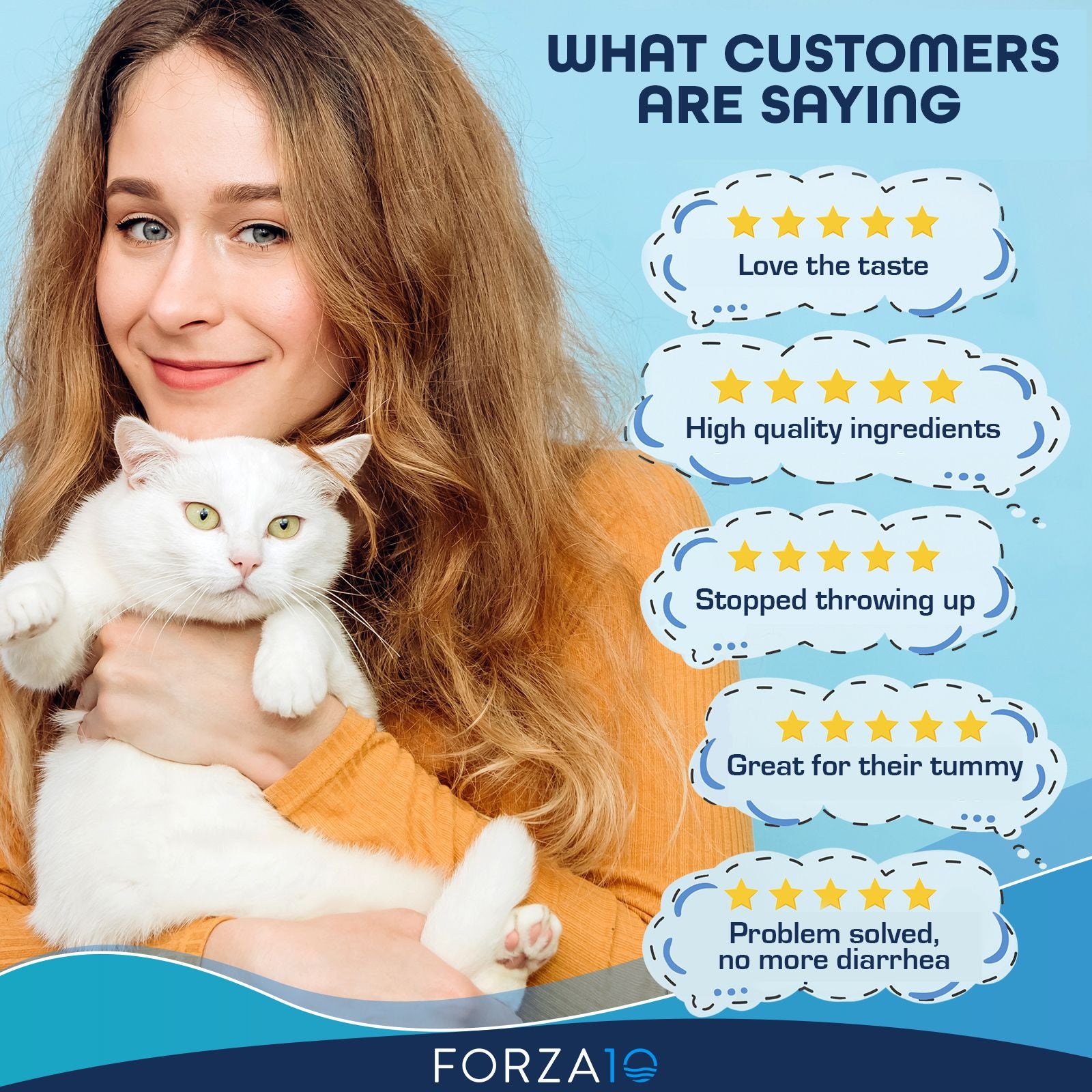 Happy woman holding a white cat with five-star customer reviews praising taste, quality, and digestive benefits
