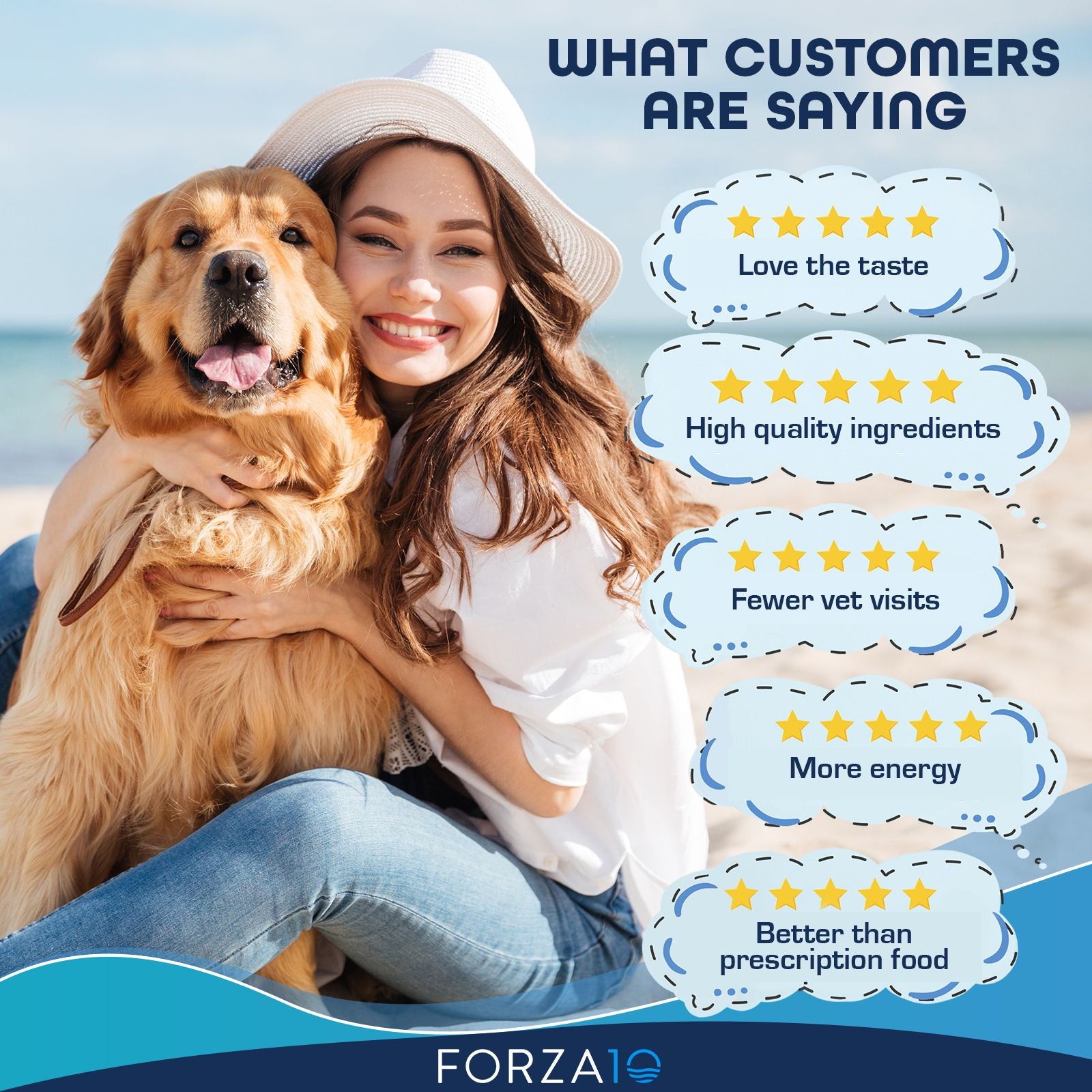 Smiling woman with golden retriever featuring customer reviews praising taste, quality, energy, and health benefits.