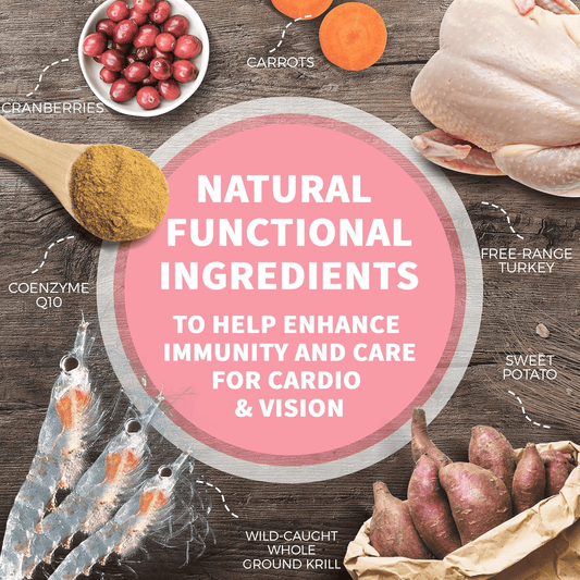 Natural functional ingredients for immune boost including cranberries, carrots, coenzyme Q10, wild-caught krill, free-range turkey, and sweet potato on wooden background