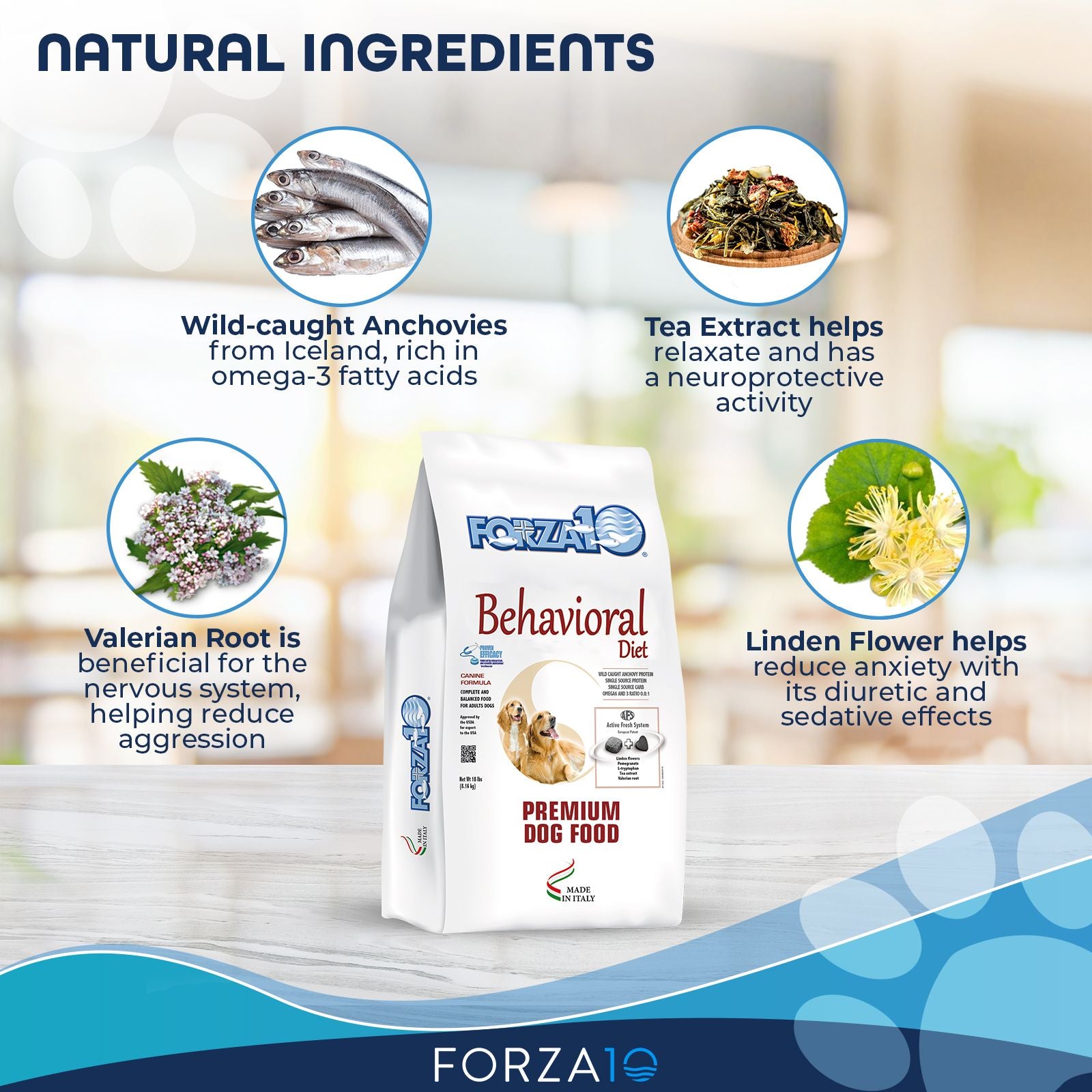Infographic showing natural ingredients: wild-caught anchovies, tea extract, valerian root, and linden flower with benefits