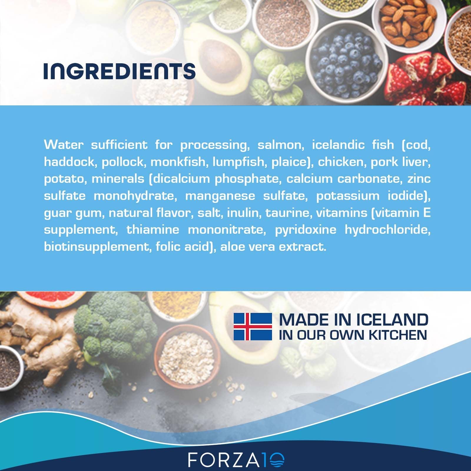 Forza10 Dermo cat food ingredient list with natural food items background and Icelandic flag