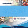 Cargar la imagen en la vista de la galería, Ingredient list for Forza10 Digestive Support cat food displayed over background of fresh foods with Icelandic flag and Made in Iceland label
