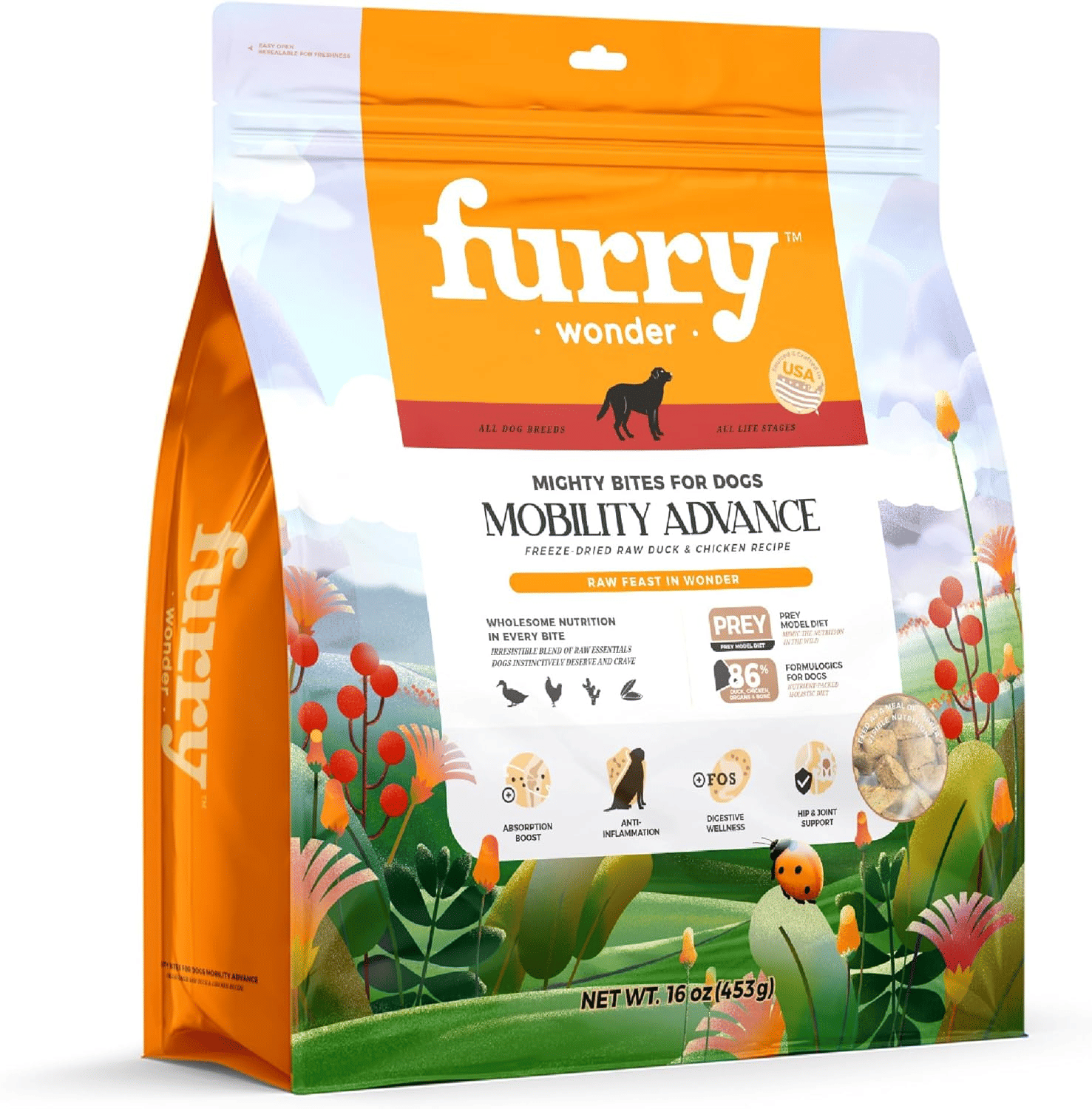 Furry Wonder Mobility Advance freeze-dried dog food duck and chicken recipe bag with floral illustrated design and product benefits shown