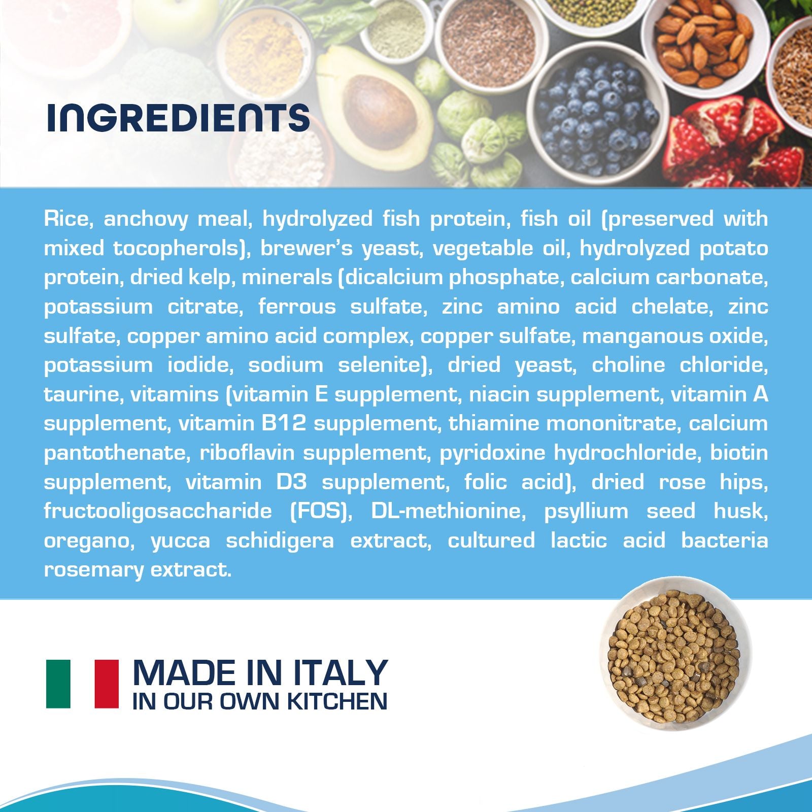 Detailed ingredients list of Forza10 Intestinal Active cat food against a blue background with Italian flag and 'Made in Italy' text