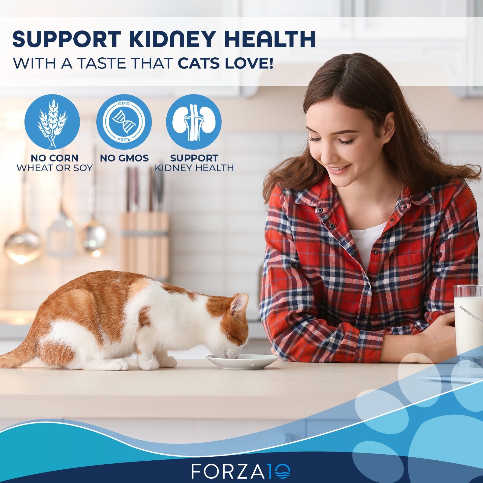 Cat owner watching as an orange and white cat eats, highlighting support for kidney health, no corn, no GMOs