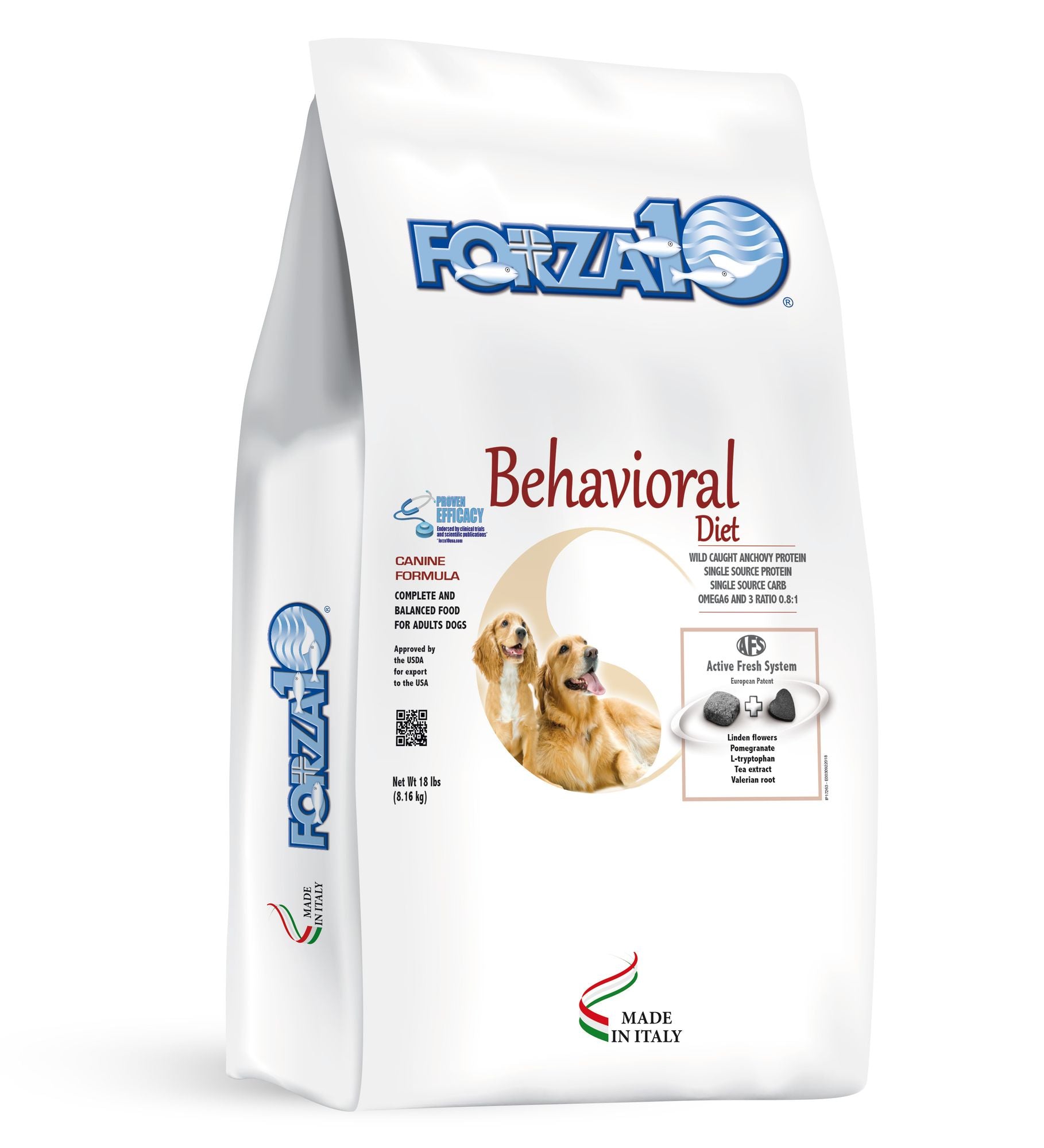 Bag of Forza10 Behavioral Diet premium dog food featuring golden retrievers and Made in Italy logo