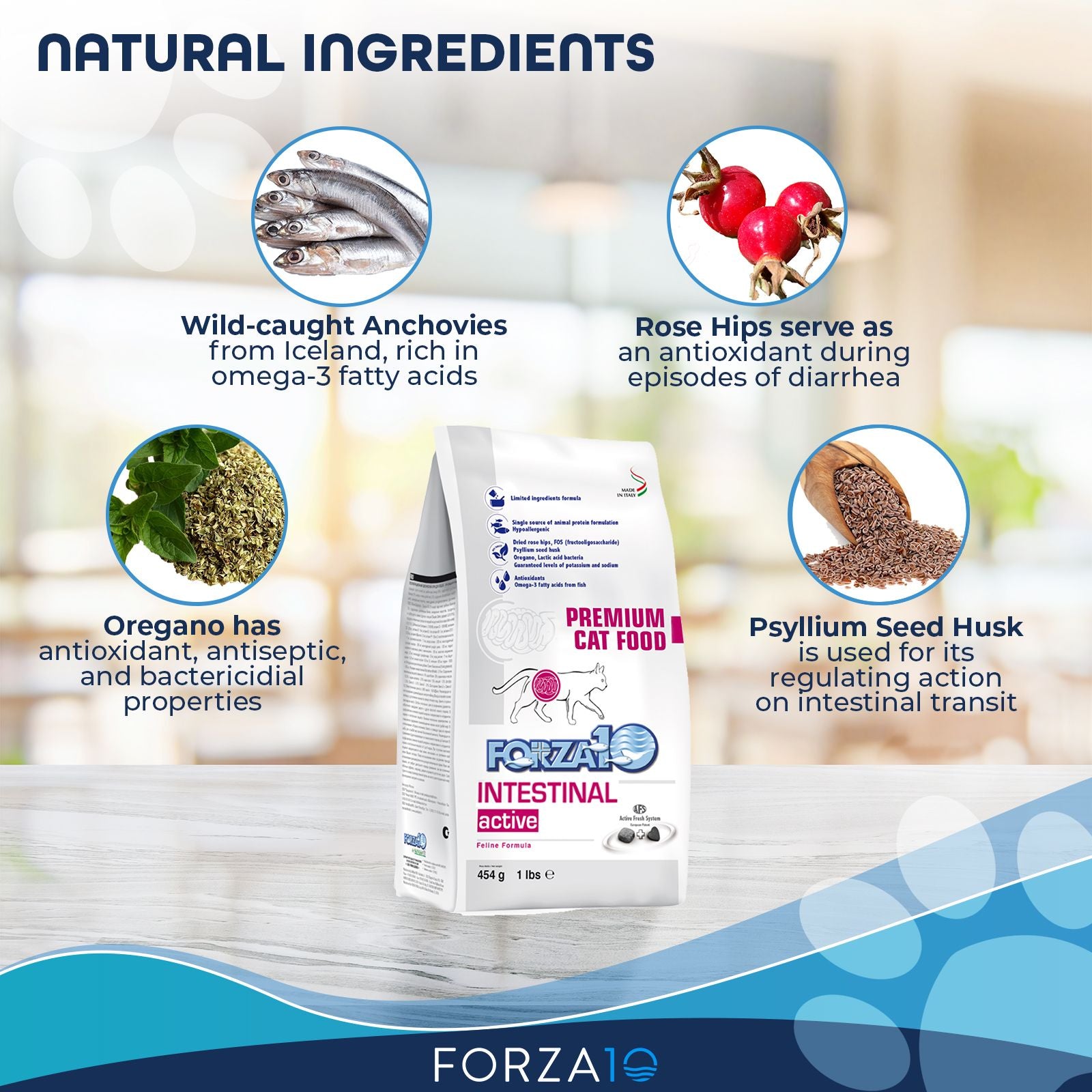 Forza10 product with images and descriptions of natural ingredients including anchovies, rose hips, oregano, and psyllium seed husk