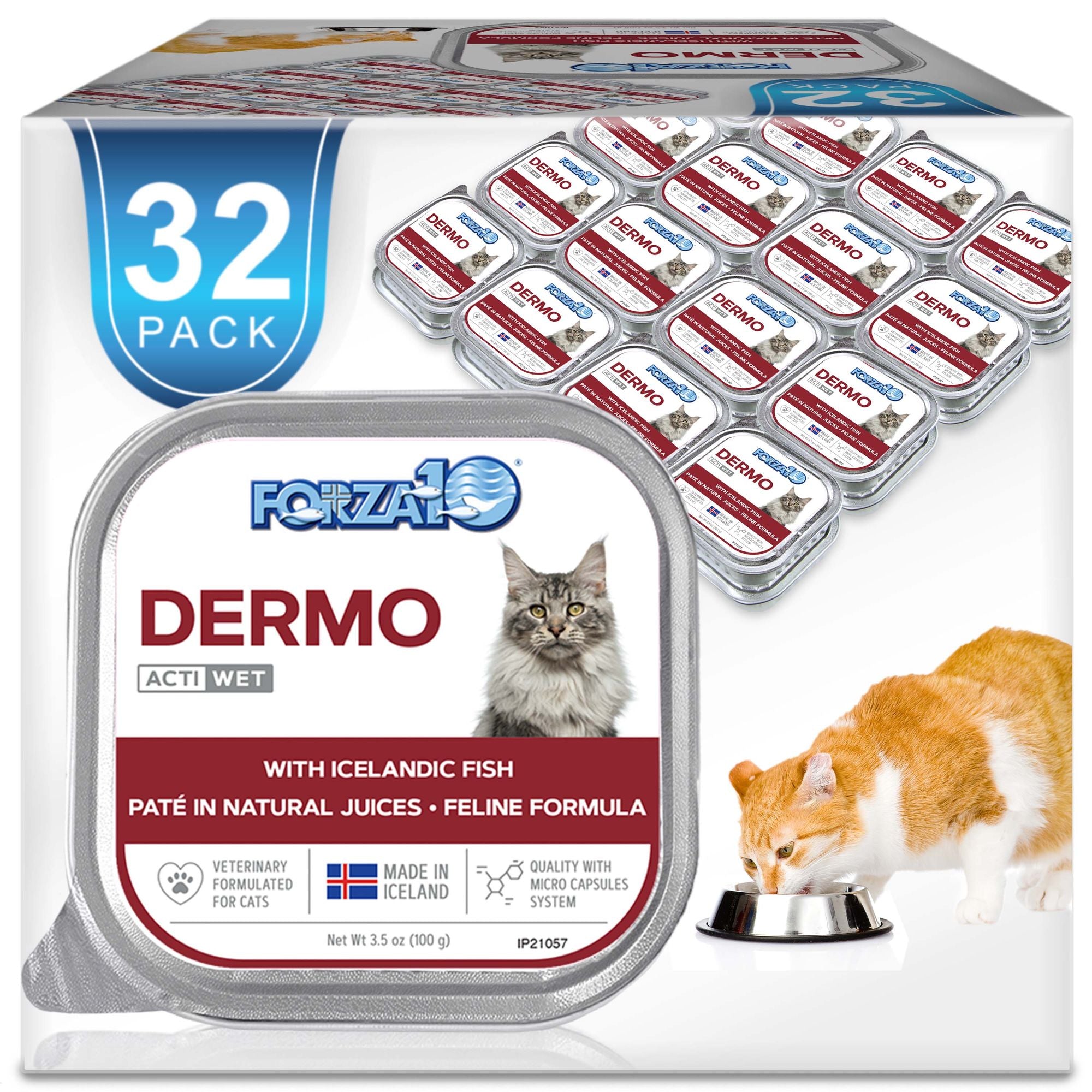 Forza10 Dermo cat wet food 32-pack with Icelandic fish, pet eating from bowl