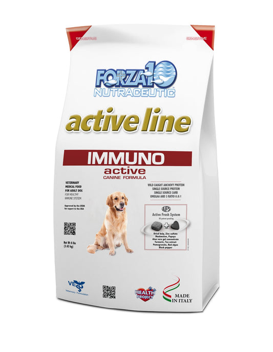 Forza10 Active Line Immuno Active veterinary dog food bag with golden retriever image.