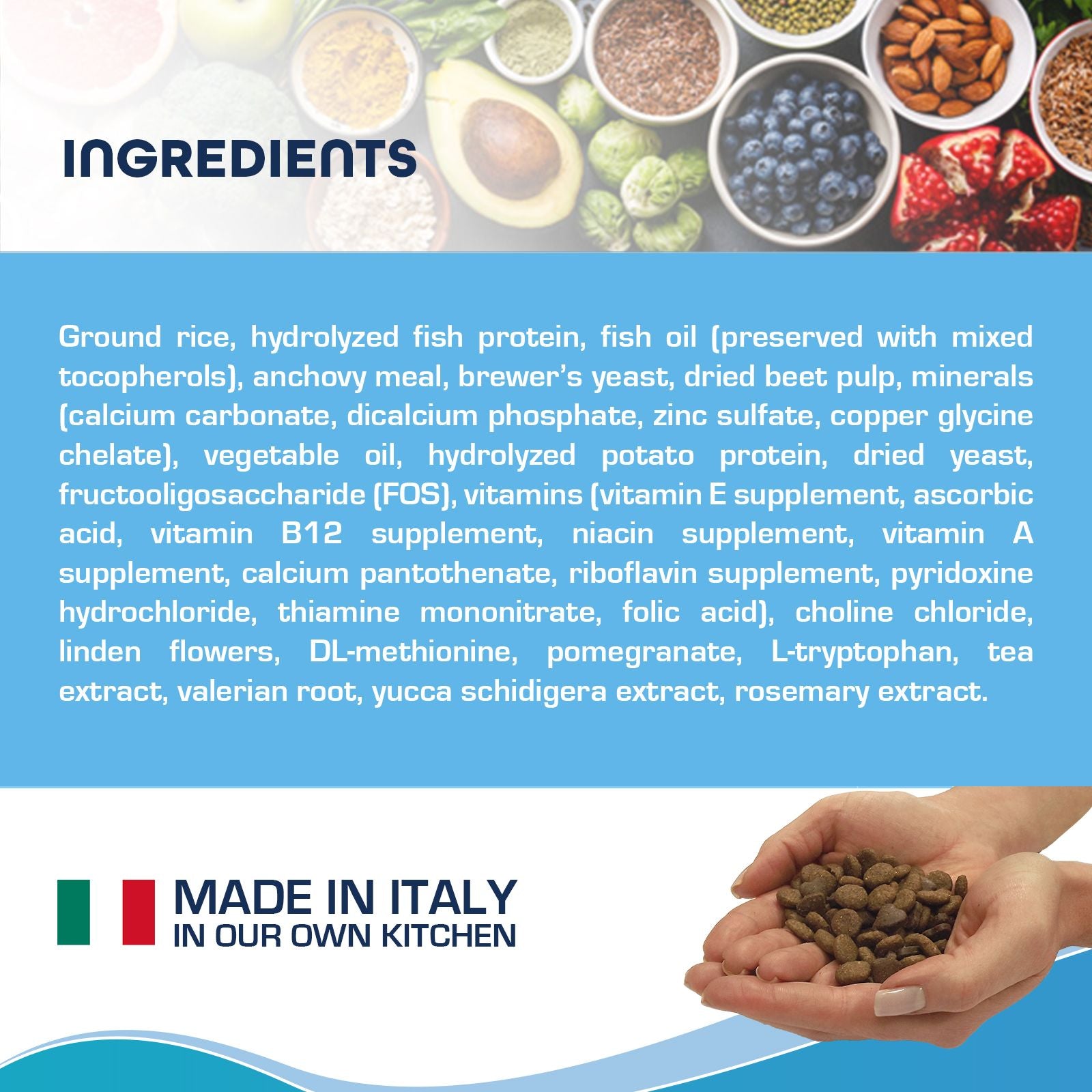 Close-up of detailed ingredient list and mention of made in Italy kitchen for Forza10 dog food