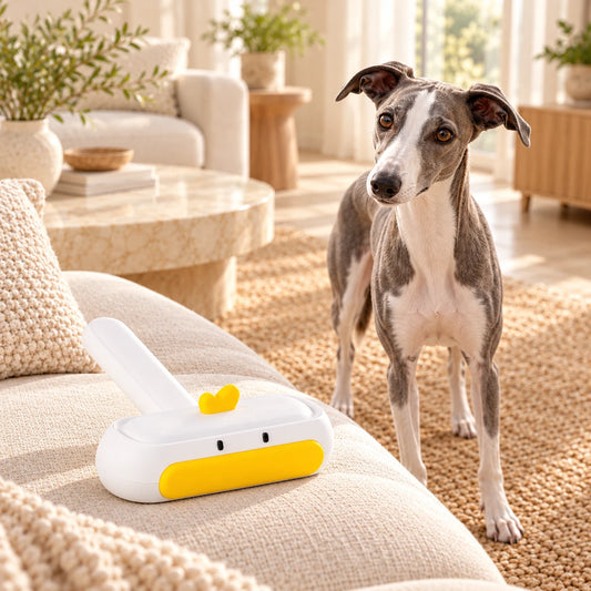 Duck-shaped hair remover resting on a cream sofa beside a blue and white whippet