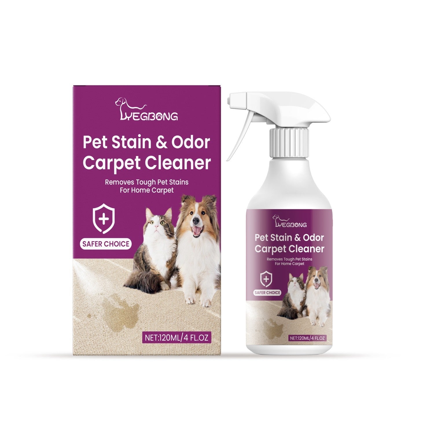 Spray bottle and box of Pet Stain & Odor Carpet Cleaner with images of a cat and dog and purple/beige packaging