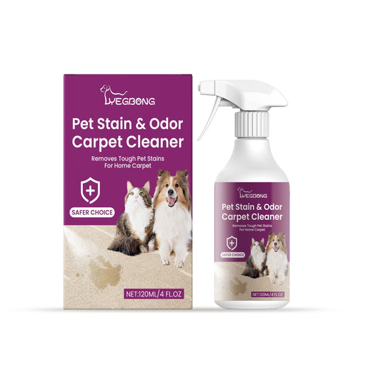 Spray bottle and box of Pet Stain & Odor Carpet Cleaner with images of a cat and dog and purple/beige packaging