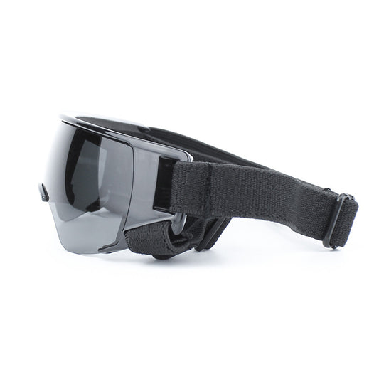 Side view of black dog goggles with adjustable strap
