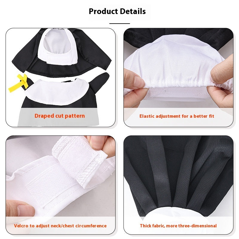 Close-up details of the pet nun costume showing draped cut, elastic head adjustment, Velcro neck strap, and thick fabric texture