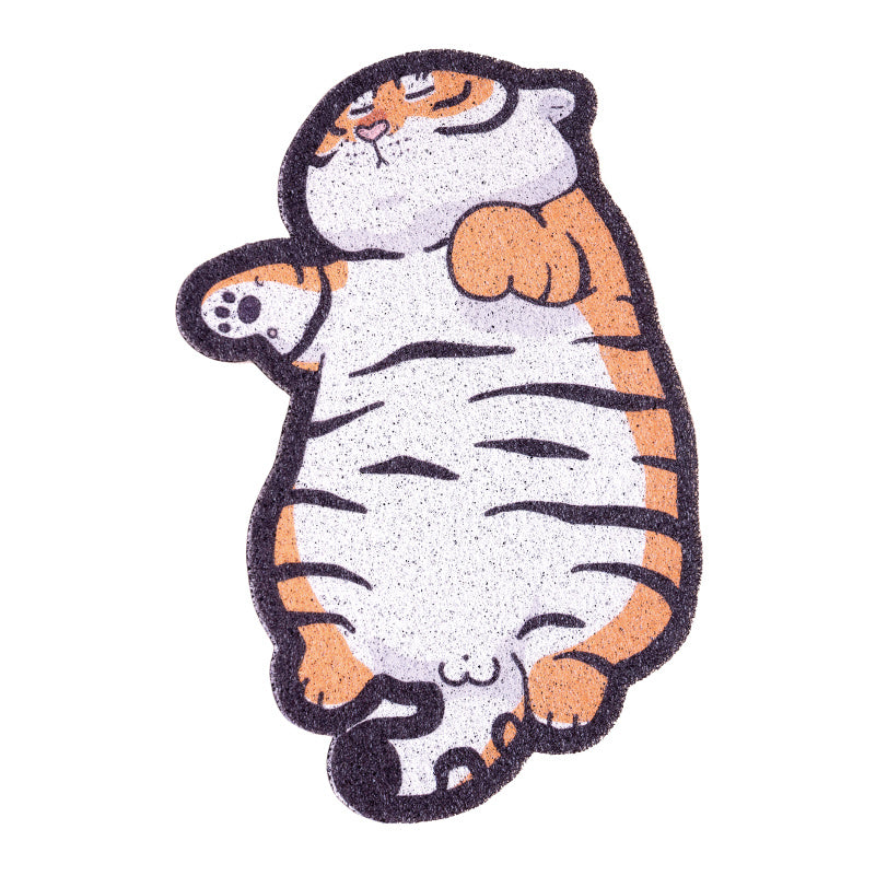 Isolated fat tiger shaped cat litter mat with visible orange, white and black stripes