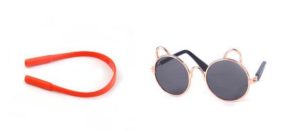 Red silicone strap and blue lens cat ear round sunglasses with rose gold frame