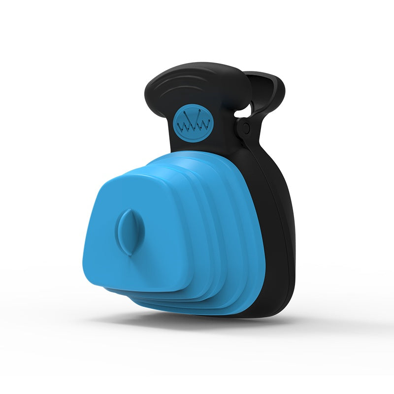 Blue foldable silicone dog poop spoon dispenser with ergonomic black handle in folded state