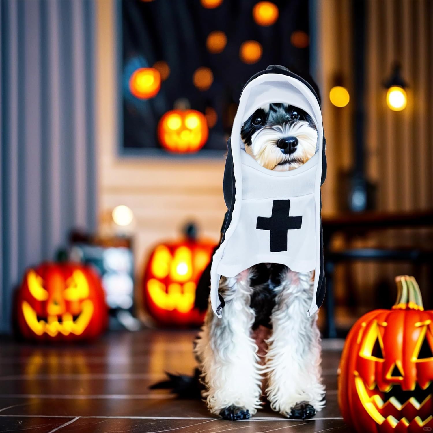 Small white and black dog wearing nun costume in front of pumpkin Halloween decorations