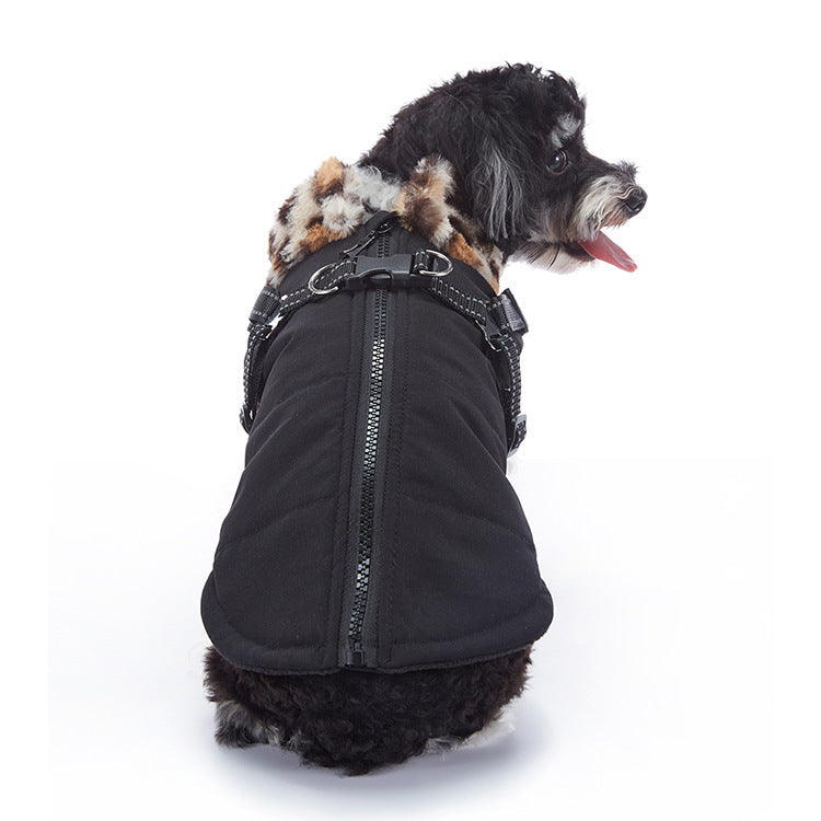 Black camo winter dog coat displayed on a studio background, showing soft fleece lining and convenient pockets
