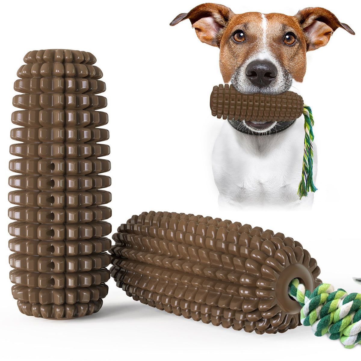 Brown corn-shaped dog chew toy with attached rope and dog holding it in mouth