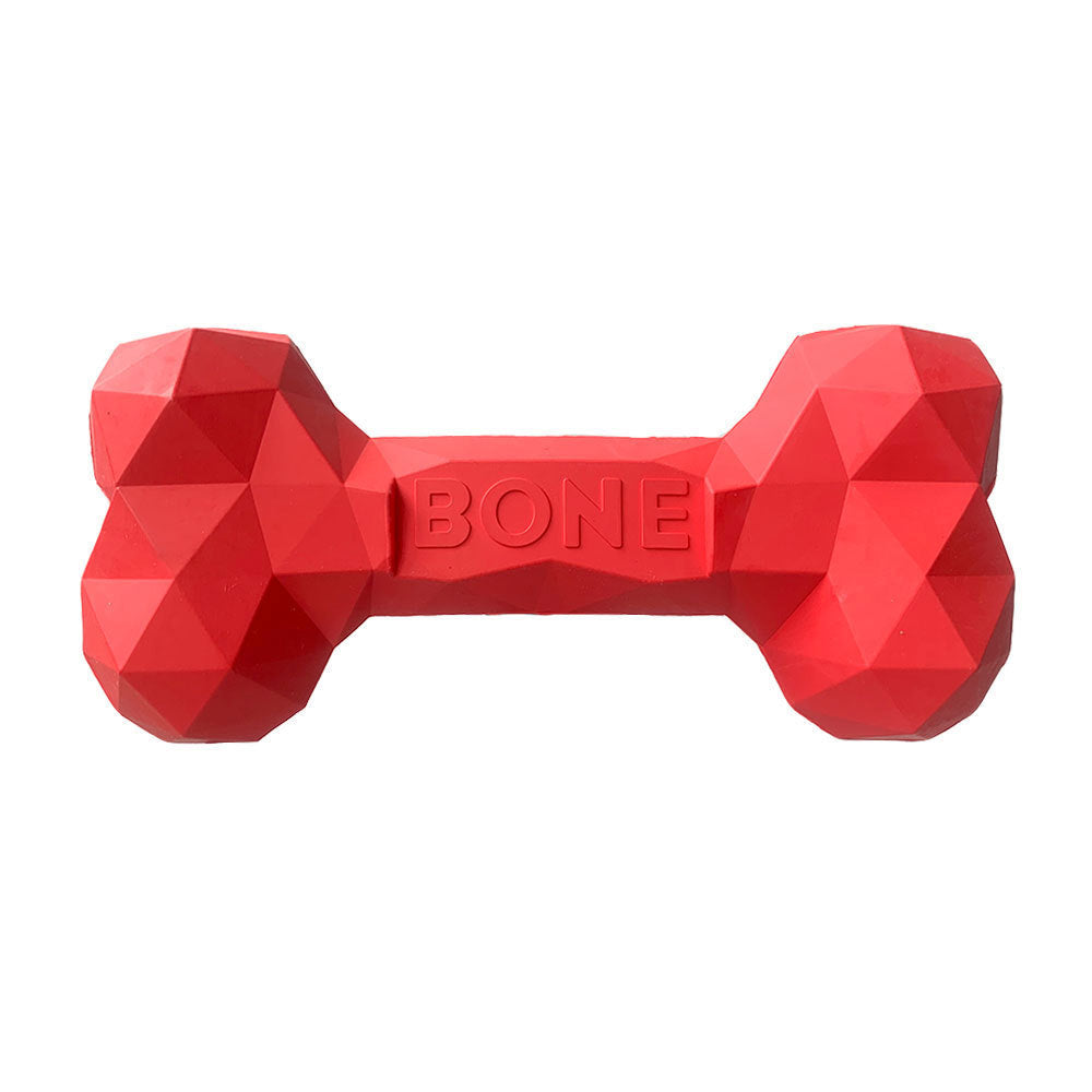 Red geometric rubber dog bone toy with BONE logo on white background